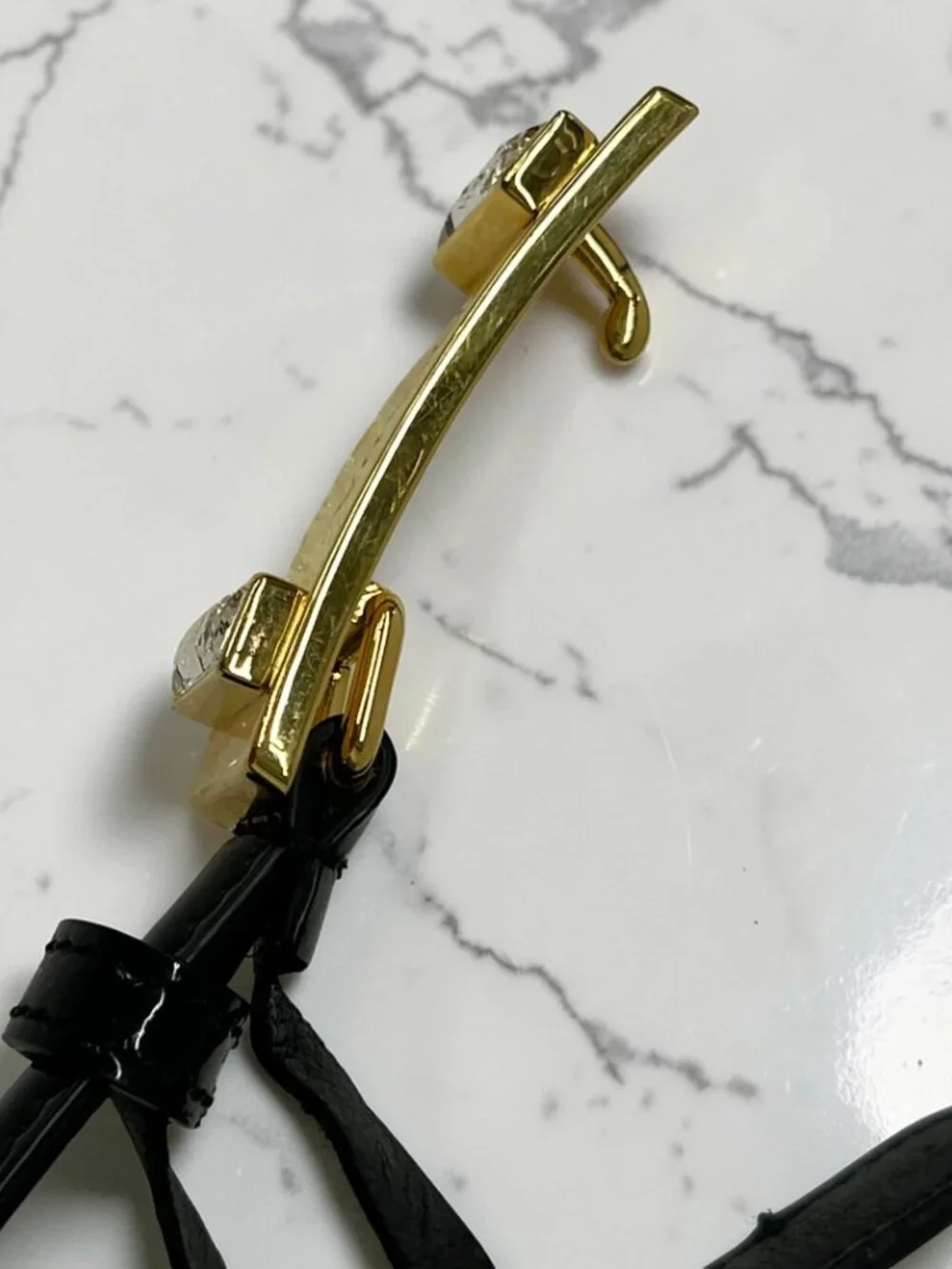 Prada Black Patent Leather Belt with Crystal-Embellished Gold Buckle
